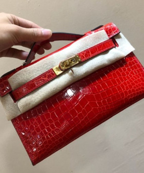 에르메스 미니 켈리백22 레드 금장 샤이니 악어가죽